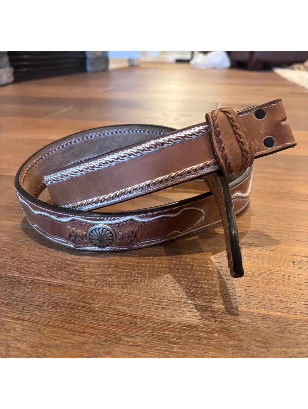Western Brown Leather Belt with Lace Detail and Silver Conchos, Size 41